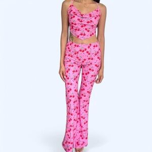 Pink Cherry Print Women's top and pants / set